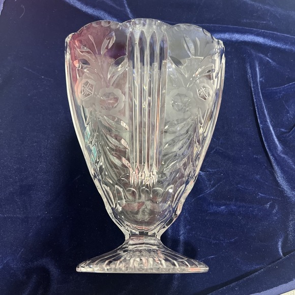 Vintage Etched Fan Colony Crystal Fan Vase Flat Sides Floral